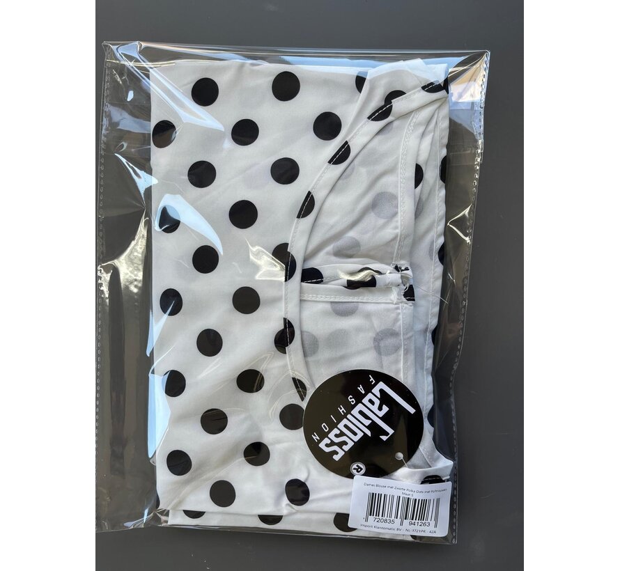 LaGloss® Dames Blouse met Zwarte Polka Dots – Elegante Witte Top met Lantaarn Pofmouwen – Casual & Chique Blouse - Maat S