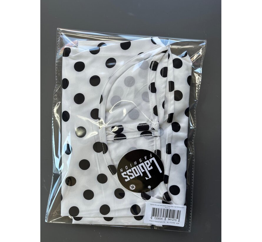 LaGloss® Dames Blouse met Zwarte Polka Dots – Elegante Witte Top met Lantaarn Pofmouwen – Casual & Chique Blouse - Maat M