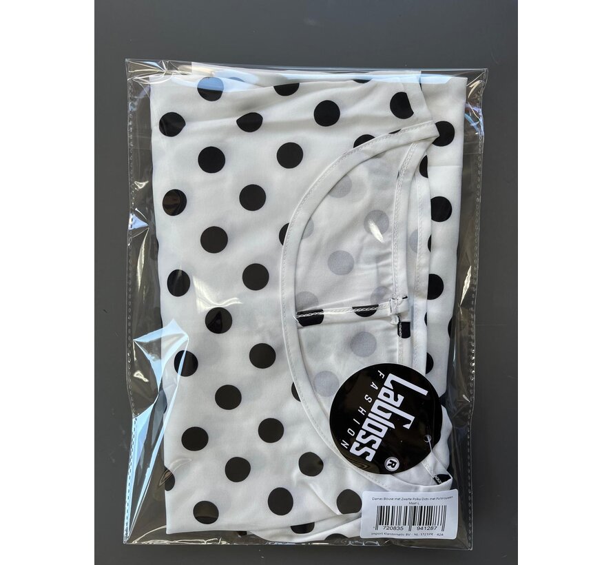 LaGloss® Dames Blouse met Zwarte Polka Dots – Elegante Witte Top met Lantaarn Pofmouwen – Casual & Chique Blouse - Maat L