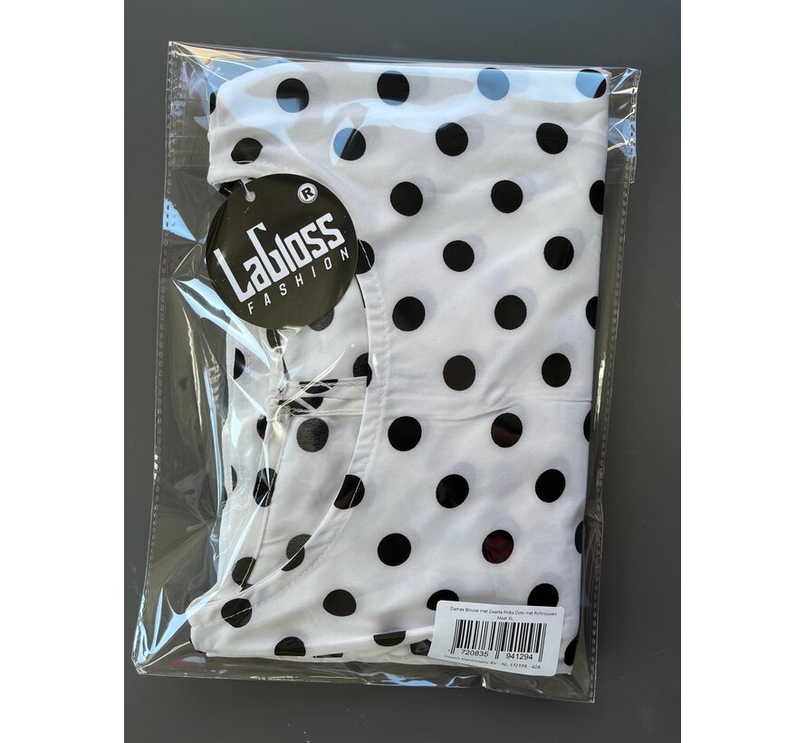 LaGloss® Dames Blouse met Zwarte Polka Dots – Elegante Witte Top met Lantaarn Pofmouwen – Casual & Chique Blouse - Maat XL