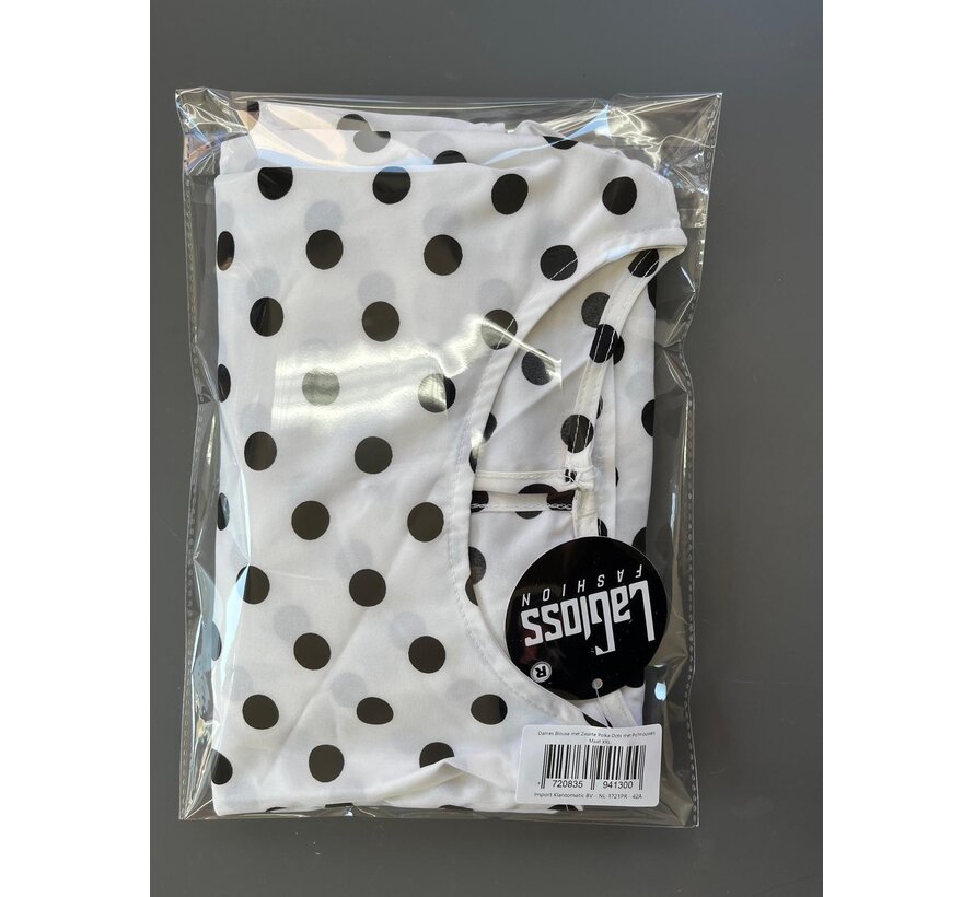 LaGloss® Dames Blouse met Zwarte Polka Dots – Elegante Witte Top met Lantaarn Pofmouwen – Casual & Chique Blouse - Maat XXL
