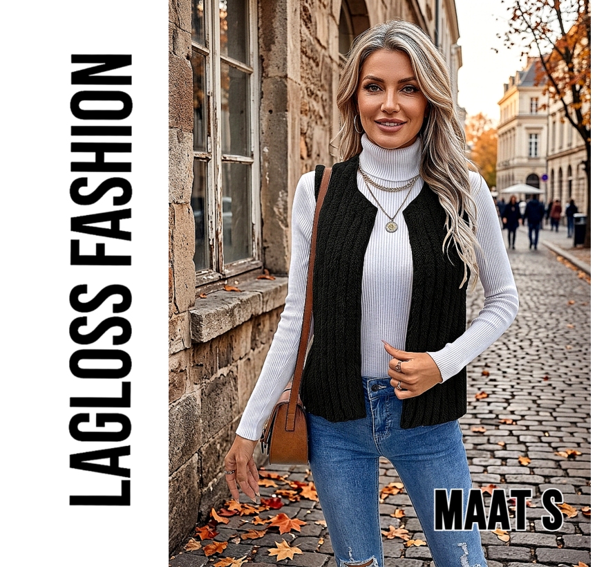 LaGloss® Dames Zwart Pluche Gilet – Warm Jacquard Vest zonder Mouwen – Casual Herfst- en Winter Vestjas met Ribbelstructuur - Maat S