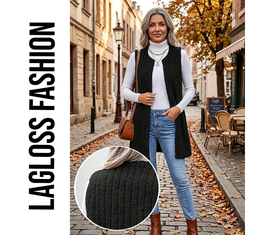 LaGloss® Dames Zwart Pluche Gilet – Warm Jacquard Vest zonder Mouwen – Casual Herfst- en Winter Vestjas met Ribbelstructuur - Maat S