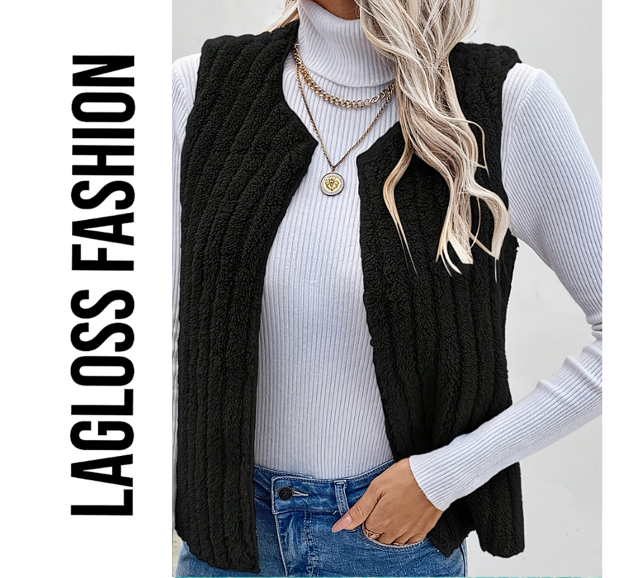 LaGloss® Dames Zwart Pluche Gilet – Warm Jacquard Vest zonder Mouwen – Casual Herfst- en Winter Vestjas met Ribbelstructuur - Maat L