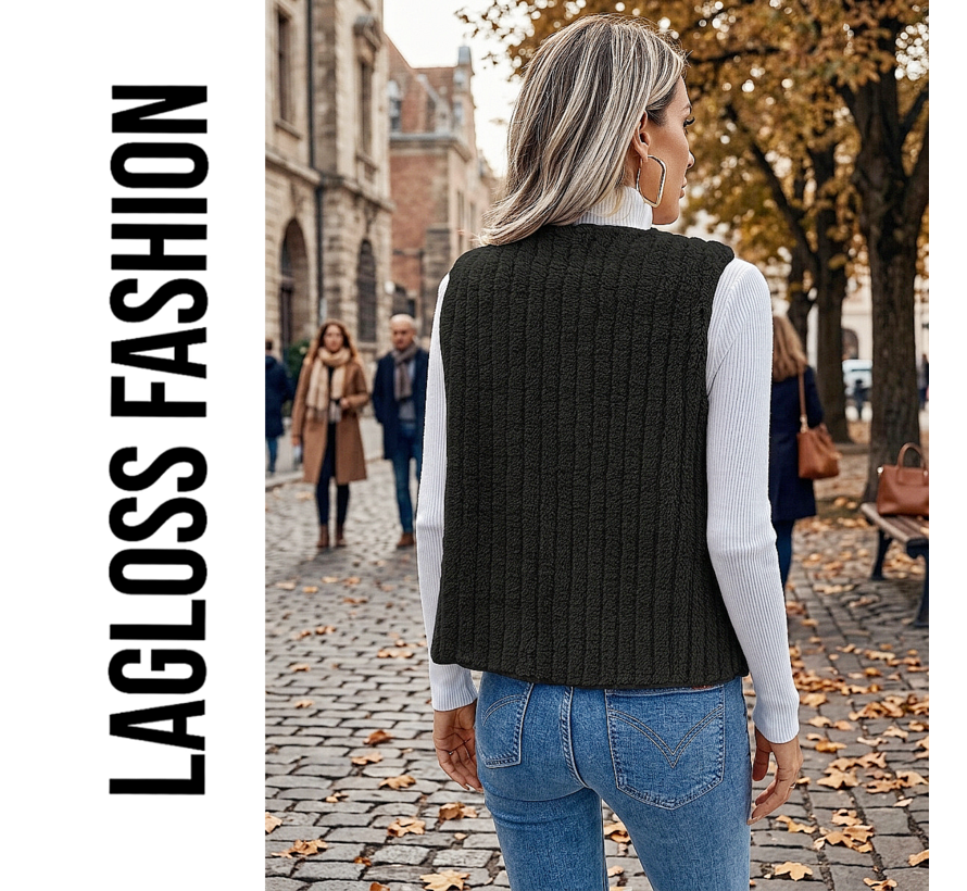 LaGloss® Dames Zwart Pluche Gilet – Warm Jacquard Vest zonder Mouwen – Casual Herfst- en Winter Vestjas met Ribbelstructuur - Maat XL