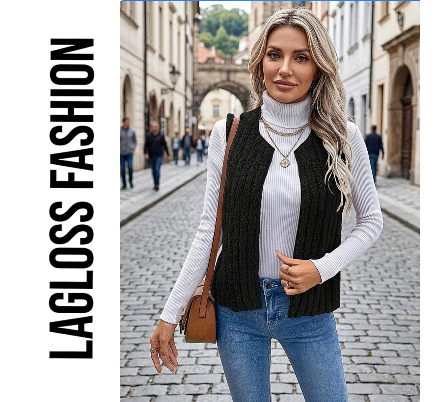 LaGloss® Dames Zwart Pluche Gilet – Warm Jacquard Vest zonder Mouwen – Casual Herfst- en Winter Vestjas met Ribbelstructuur - Maat XL