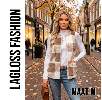 LaGloss Dames Fleece Gilet Geruit – Mouwloos Teddy Vest – Maat M