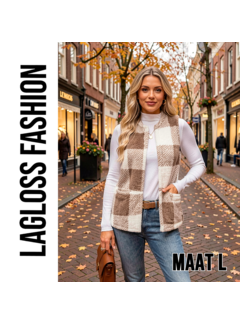 LaGloss Dames Fleece Gilet Geruit – Mouwloos Teddy Vest – Maat L