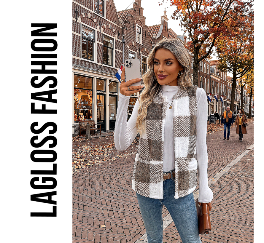 LaGloss ®  Dames Fleece Gilet Geruit – Mouwloos Teddy Vest – Lichtgewicht Warm Damesvest met Ronde Hals voor Herfst en Winter - Maat XL