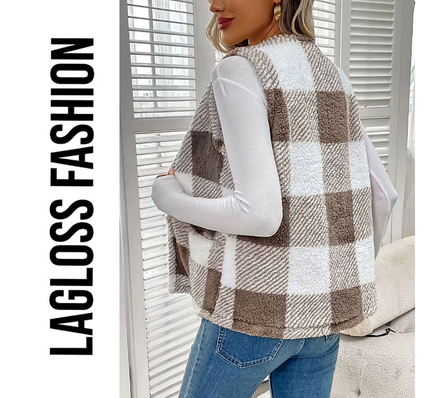 LaGloss ®  Dames Fleece Gilet Geruit – Mouwloos Teddy Vest – Lichtgewicht Warm Damesvest met Ronde Hals voor Herfst en Winter - Maat XL