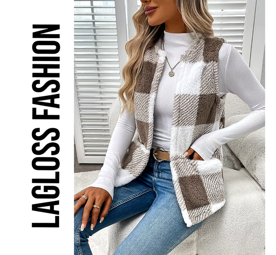 LaGloss ®  Dames Fleece Gilet Geruit – Mouwloos Teddy Vest – Lichtgewicht Warm Damesvest met Ronde Hals voor Herfst en Winter - Maat XL