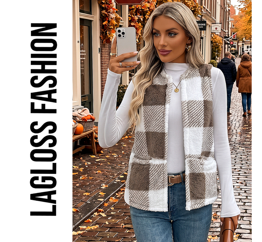LaGloss ®  Dames Fleece Gilet Geruit – Mouwloos Teddy Vest – Lichtgewicht Warm Damesvest met Ronde Hals voor Herfst en Winter - Maat XL