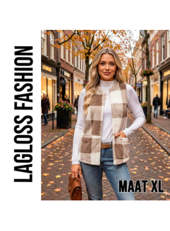 LaGloss Dames Fleece Gilet Geruit – Mouwloos Teddy Vest – Maat XL
