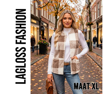 LaGloss Dames Fleece Gilet Geruit – Mouwloos Teddy Vest – Maat XL