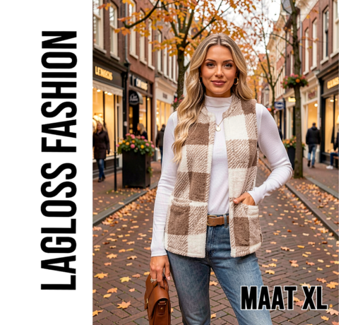 LaGloss LaGloss ®  Dames Fleece Gilet Geruit – Mouwloos Teddy Vest – Lichtgewicht Warm Damesvest met Ronde Hals voor Herfst en Winter - Maat XL