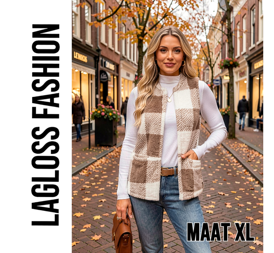 LaGloss ®  Dames Fleece Gilet Geruit – Mouwloos Teddy Vest – Lichtgewicht Warm Damesvest met Ronde Hals voor Herfst en Winter - Maat XL