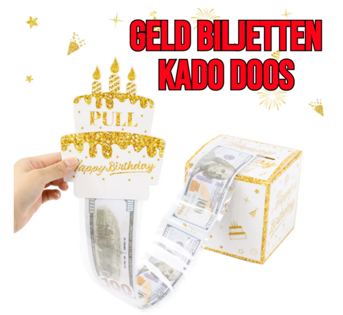 Allernieuwste.nl® 3D Geld Biljetten Verjaardagskaart Kado Box met 6 METER Geld Briefjes - Een aparte Happy Birthday Wit