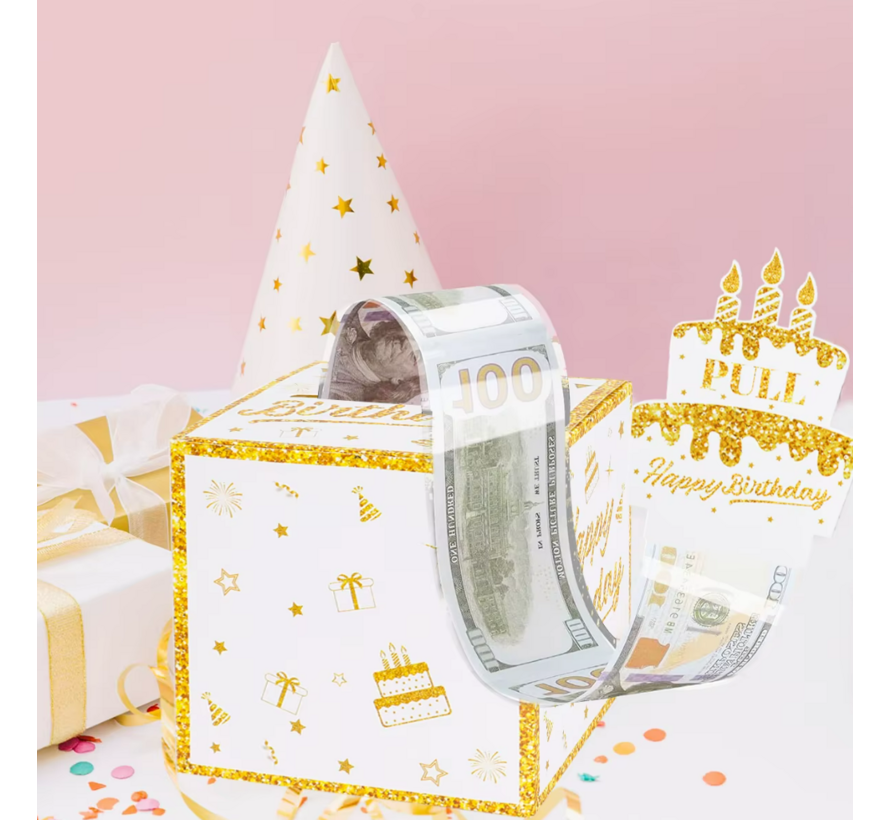 3D Geld Biljetten Verjaardagskaart Kado Box met 6 METER Geld Briefjes - Een aparte Happy Birthday Wit