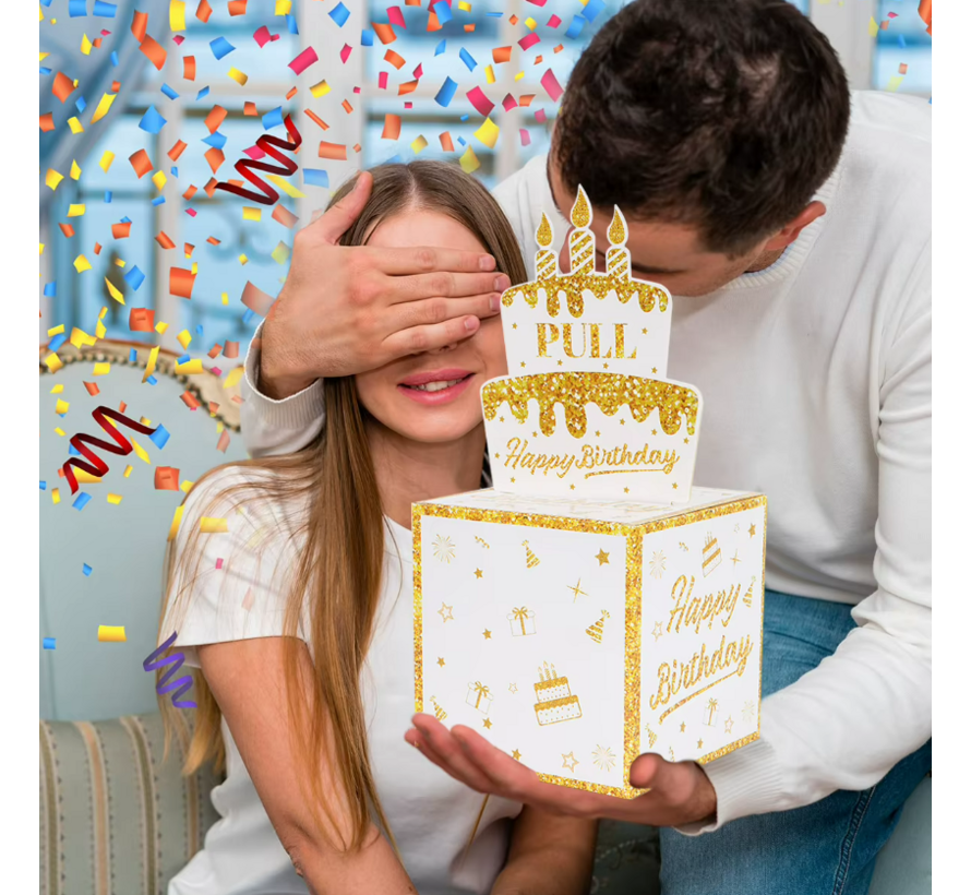 3D Geld Biljetten Verjaardagskaart Kado Box met 6 METER Geld Briefjes - Een aparte Happy Birthday Wit