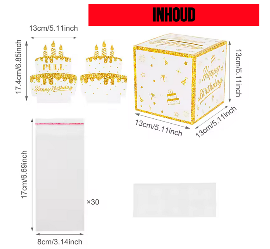 3D Geld Biljetten Verjaardagskaart Kado Box met 6 METER Geld Briefjes - Een aparte Happy Birthday Wit