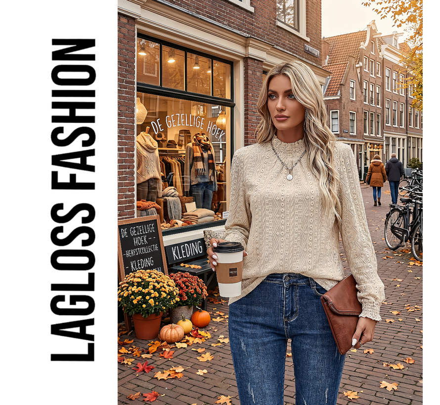 LaGloss® Dames Blouse Khaki – Elegante Top met Trechterhals en Lange Ruchesmouwen – Licht Elastisch voor Lente en Zomer - Maat L