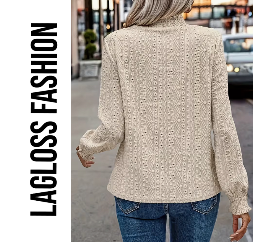 LaGloss® Dames Blouse Khaki – Elegante Top met Trechterhals en Lange Ruchesmouwen – Licht Elastisch voor Lente en Zomer - Maat L