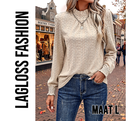 LaGloss LaGloss® Dames Blouse Khaki – Elegante Top met Trechterhals en Lange Ruchesmouwen – Licht Elastisch voor Lente en Zomer - Maat L