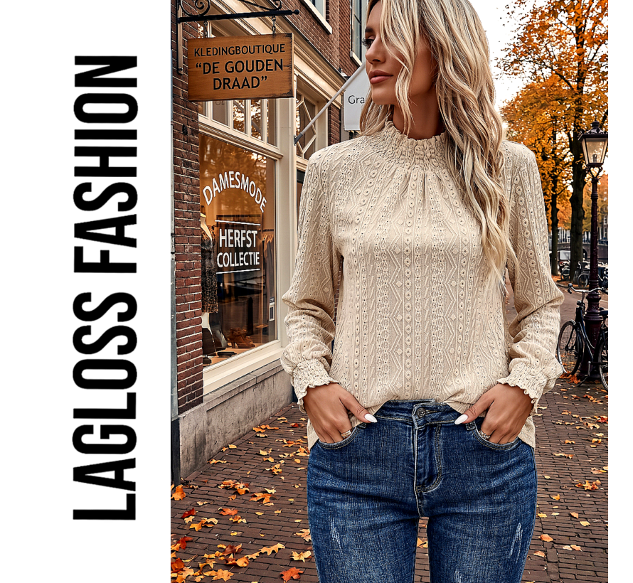 LaGloss® Dames Blouse Khaki – Elegante Top met Trechterhals en Lange Ruchesmouwen – Licht Elastisch voor Lente en Zomer - Maat XL