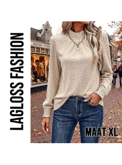 LaGloss Elegante Dames Blouse Khaki met Trechterhals en Lange Ruchesmouwen – Maat XL