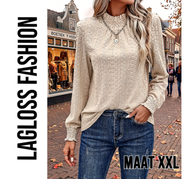 LaGloss Elegante Dames Blouse Khaki met Trechterhals en Lange Ruchesmouwen – Maat XXL