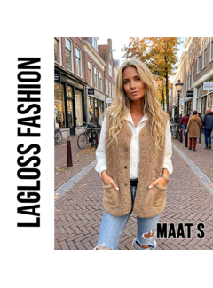 LaGloss Dames Pluche Vest Gilet Khaki – Warm Mouwloos Vest - Maat S