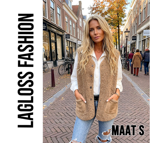 LaGloss LaGloss® Dames Pluche Vest Gilet Khaki – Warm Mouwloos Vest - Maat S met 2 Zakken – Elegant Teddy Vest voor Lente, Herfst en Winter
