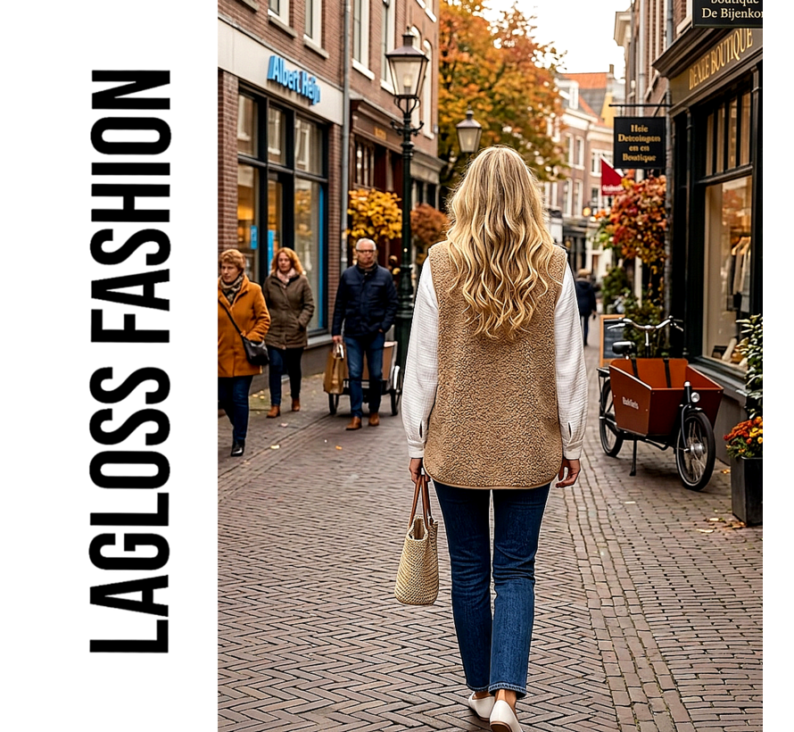 LaGloss® Dames Pluche Vest Gilet Khaki – Warm Mouwloos Vest - Maat S met 2 Zakken – Elegant Teddy Vest voor Lente, Herfst en Winter