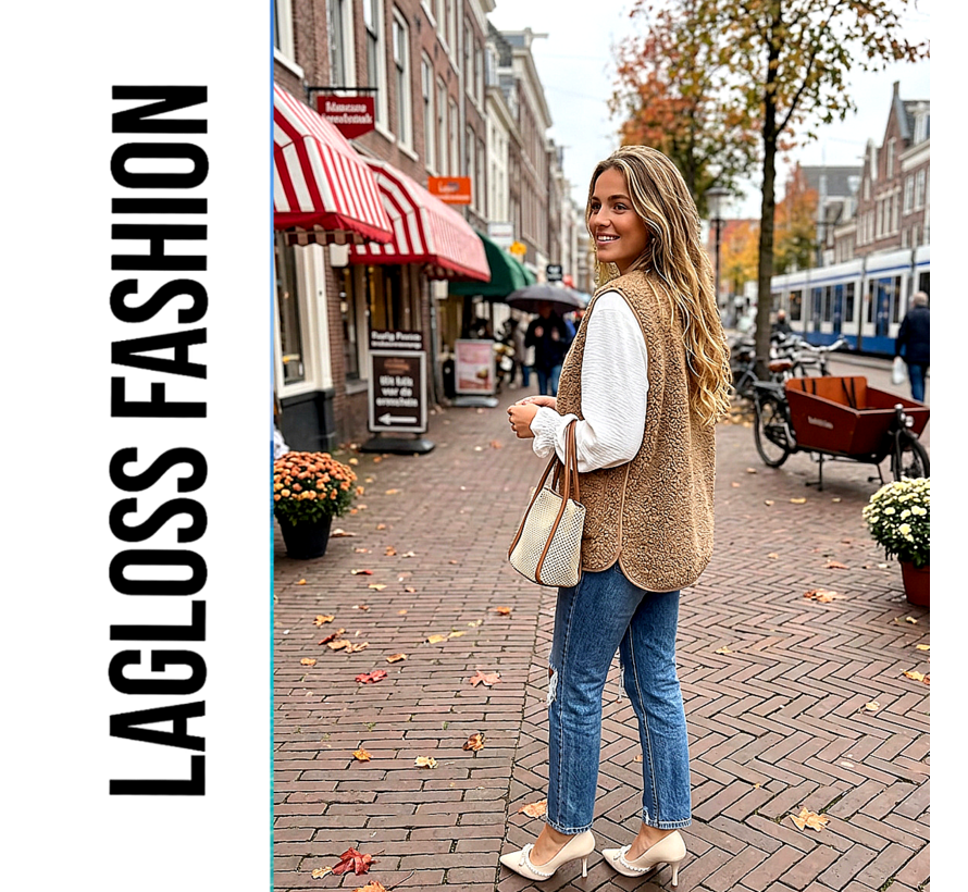 LaGloss® Dames Pluche Vest Gilet Khaki – Warm Mouwloos Vest - Maat M met 2 Zakken – Elegant Teddy Vest voor Lente, Herfst en Winter