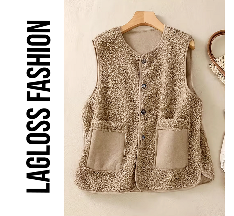 LaGloss® Dames Pluche Vest Gilet Khaki – Warm Mouwloos Vest - Maat M met 2 Zakken – Elegant Teddy Vest voor Lente, Herfst en Winter