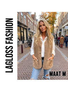 LaGloss Dames Pluche Vest Gilet Khaki – Warm Mouwloos Vest - Maat M
