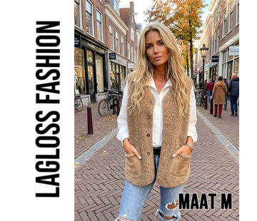 LaGloss Dames Pluche Vest Gilet Khaki – Warm Mouwloos Vest - Maat M