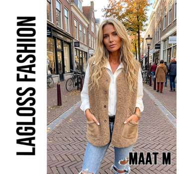 LaGloss Dames Pluche Vest Gilet Khaki – Warm Mouwloos Vest - Maat M