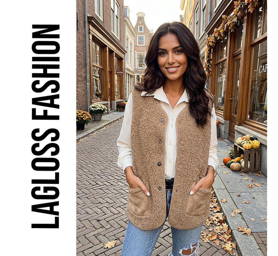 LaGloss® Dames Pluche Vest Gilet Khaki – Warm Mouwloos Vest - Maat L met 2 Zakken – Elegant Teddy Vest voor Lente, Herfst en Winter