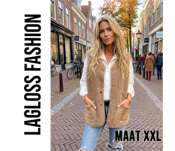 LaGloss Dames Pluche Vest Gilet Khaki – Warm Mouwloos Vest - Maat XXL