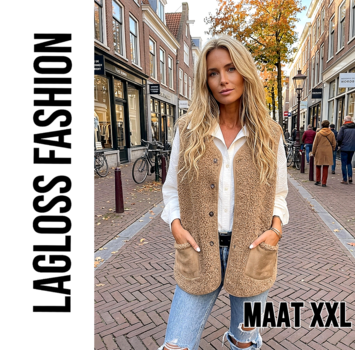LaGloss Dames Pluche Vest Gilet Khaki – Warm Mouwloos Vest - Maat XXL