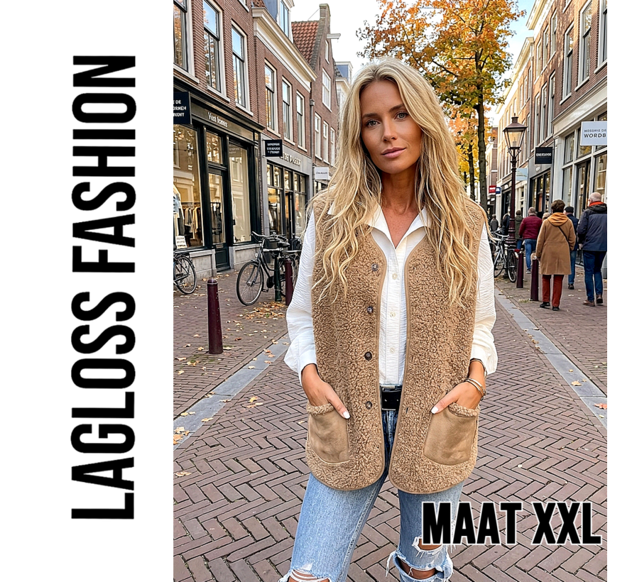 LaGloss® Dames Pluche Vest Gilet Khaki – Warm Mouwloos Vest - Maat XXL met 2 Zakken – Elegant Teddy Vest voor Lente, Herfst en Winter