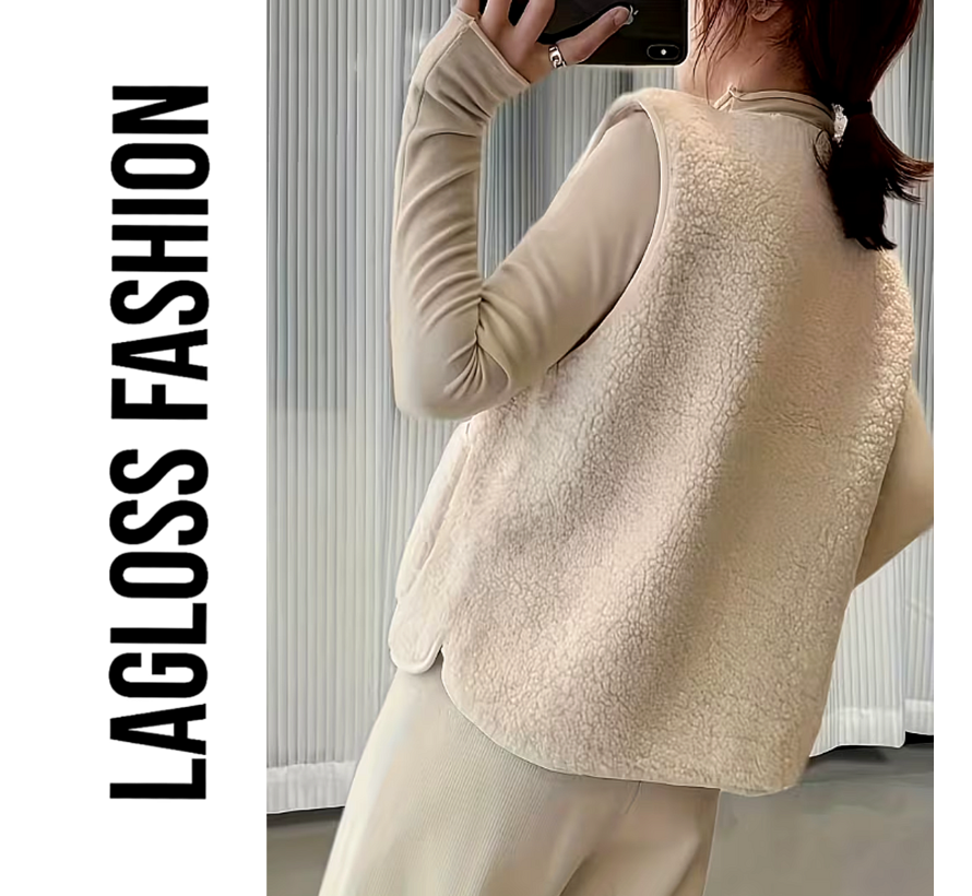 LaGloss® Dames Pluche Vest Gilet Khaki-Beige – Warm Mouwloos Teddy Vest met 2 Zakken – Maat S