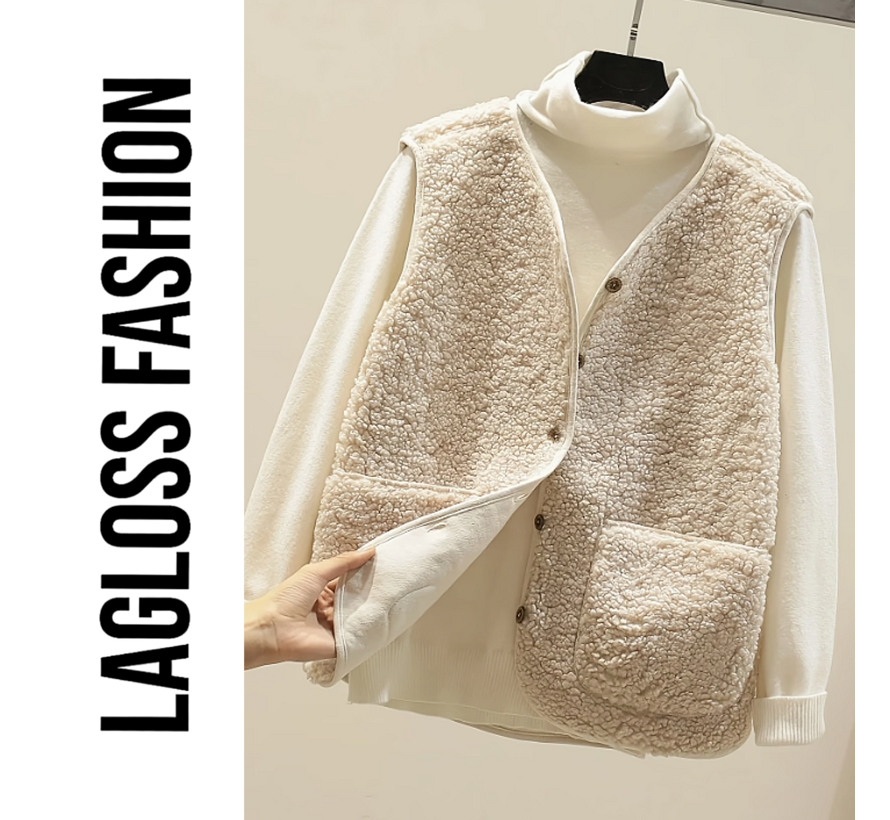 LaGloss® Dames Pluche Vest Gilet Khaki-Beige – Warm Mouwloos Teddy Vest met 2 Zakken – Maat M
