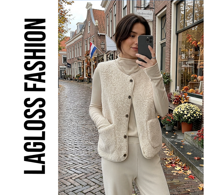 LaGloss® Dames Pluche Vest Gilet Khaki-Beige – Warm Mouwloos Teddy Vest met 2 Zakken – Maat M