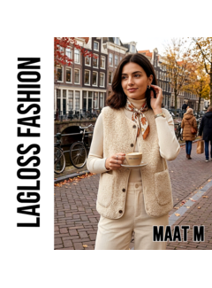 LaGloss Dames Pluche Vest Gilet Khaki-Beige met 2 Zakken – Maat M