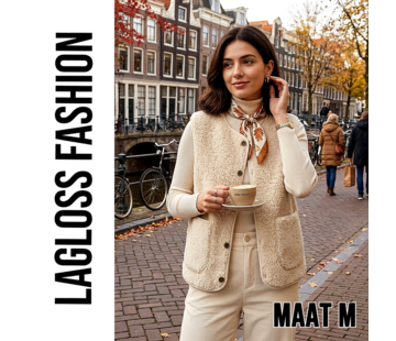 LaGloss Dames Pluche Vest Gilet Khaki-Beige met 2 Zakken – Maat M
