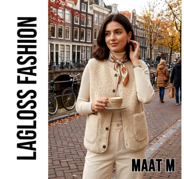 LaGloss Dames Pluche Vest Gilet Khaki-Beige met 2 Zakken – Maat M