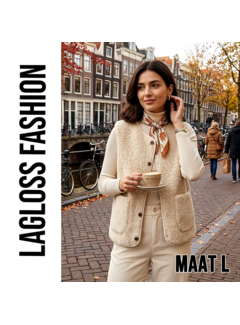 LaGloss Dames Pluche Vest Gilet Khaki-Beige met 2 Zakken – Maat L