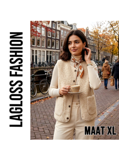 LaGloss Dames Pluche Vest Gilet Khaki-Beige met 2 Zakken – Maat XL
